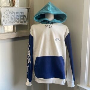 Topman Signature Fleece Hoodie In Ecru Blue Turquoise NWT